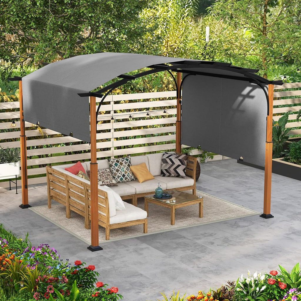 Tangkula 10x12Ft Pergola, Arched,with Retractable Sun Shade Canopy, Extra Large Patio Shelter Pavilion, Outdoor Pergola for Deck, Porch, Garden, Yard (Grey)