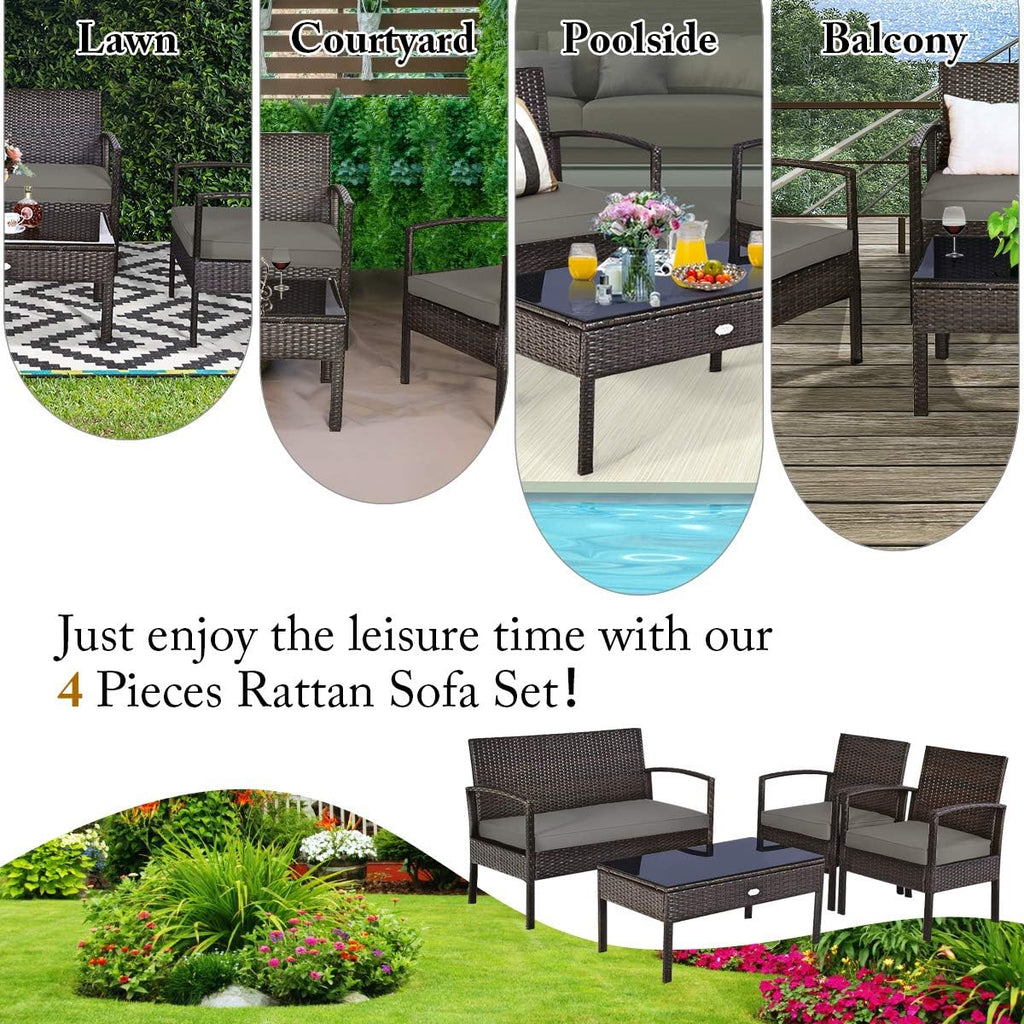 COSTWAY Outdoor Patio Furniture Set 4 Pieces, Wicker Conversation Set with Tempered Glass Topped Table, Seat Cushions, Rattan Chair Wicker Sofa for Backyard Balcony Porch Poolside