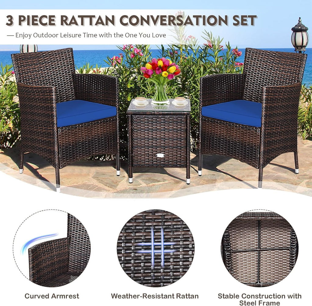 DORTALA Wicker Patio Furniture Set 3 Piece, Small Outdoor Table & Chairs Set with Cushions, All-Weather Rattan Conversation Bistro Set for Balcony, Porch, Backyard, Deck, Navy