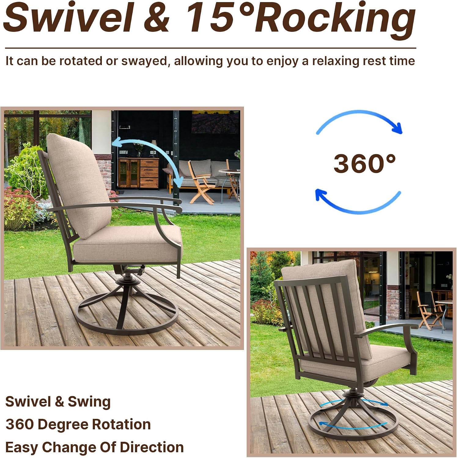 Gotland 7 Piece Outdoor Dining Set, Metal Outdoor Table and Swivel Chairs with X-Shaped Legs 1.5' Umbrella Hole, Patio Furniture Set with Waterproof Cushions, Patio Dining Sets for Backyard Deck Khaki