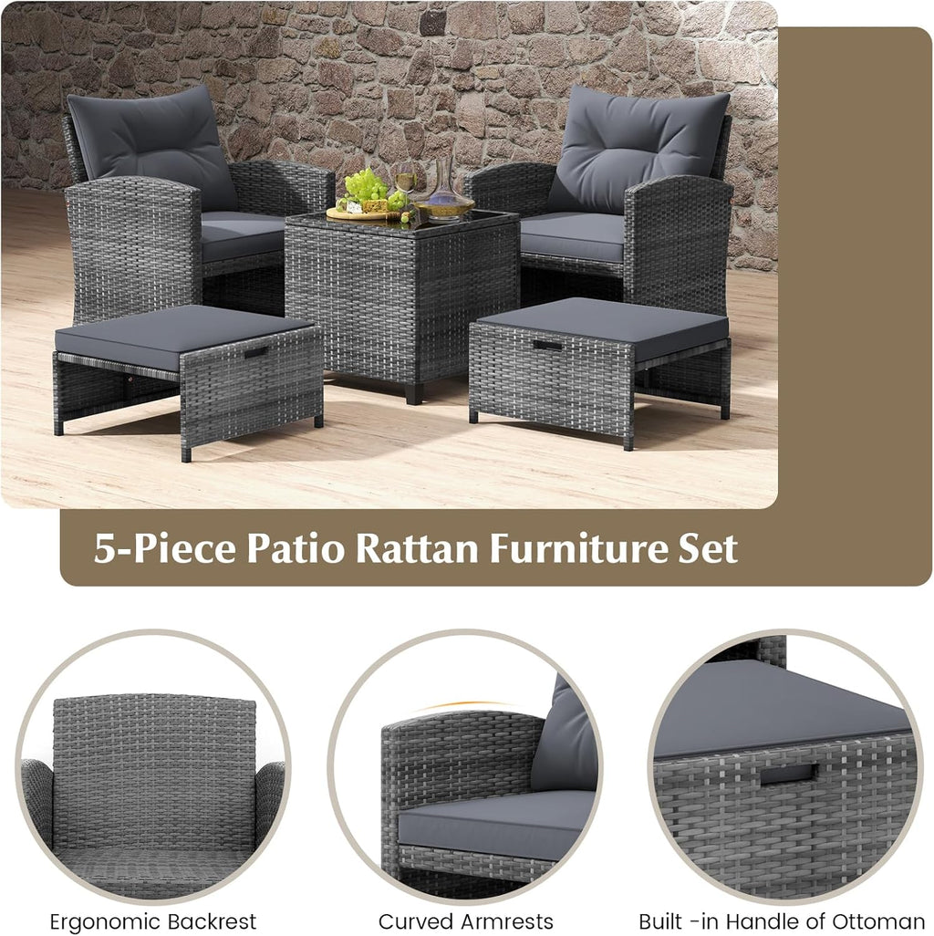 KOTEK 5 Pieces Patio Furniture Set with Ottomans, Wicker Patio Conversation Set with Coffee Table & Cushions, PE Rattan Outdoor Lounge Chairs for Backyard, Porch, Poolside (Mix Grey- Grey)