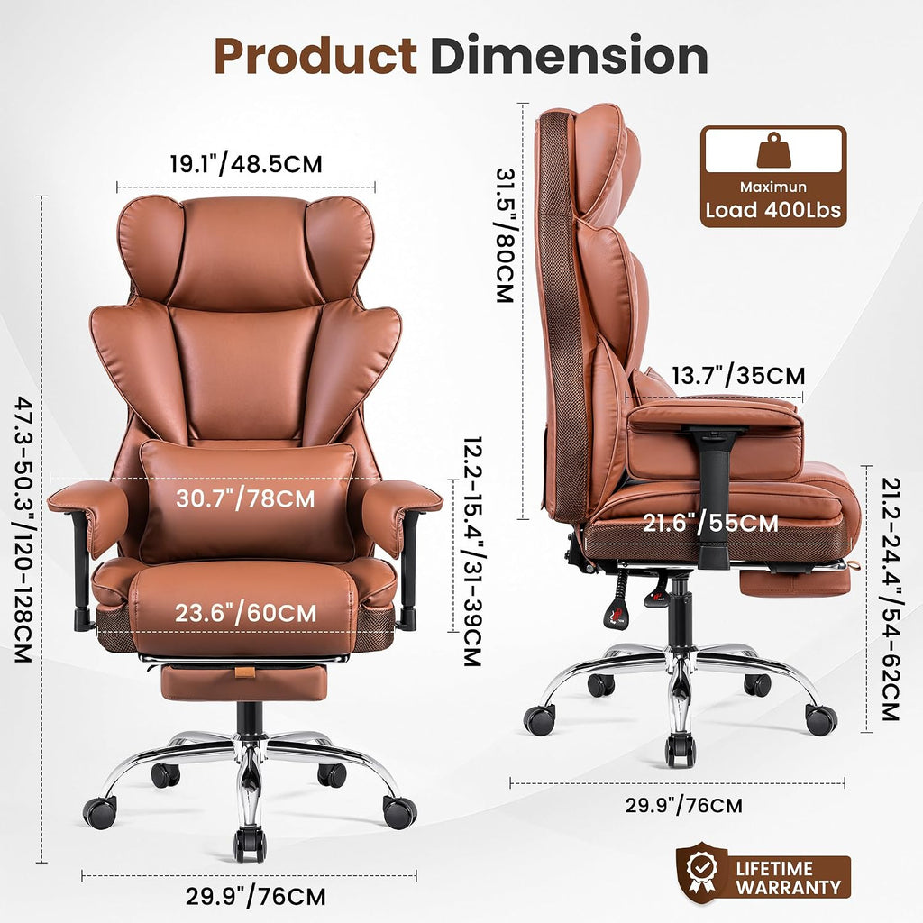 BESTFAIR Big and Tall Office Chair - 400 LBS Capacity Executive Chair with High Back & Footrest, Ergonomic Computer Gaming Chair for Heavy People, Wide Padded Seat, Brown PU Leather
