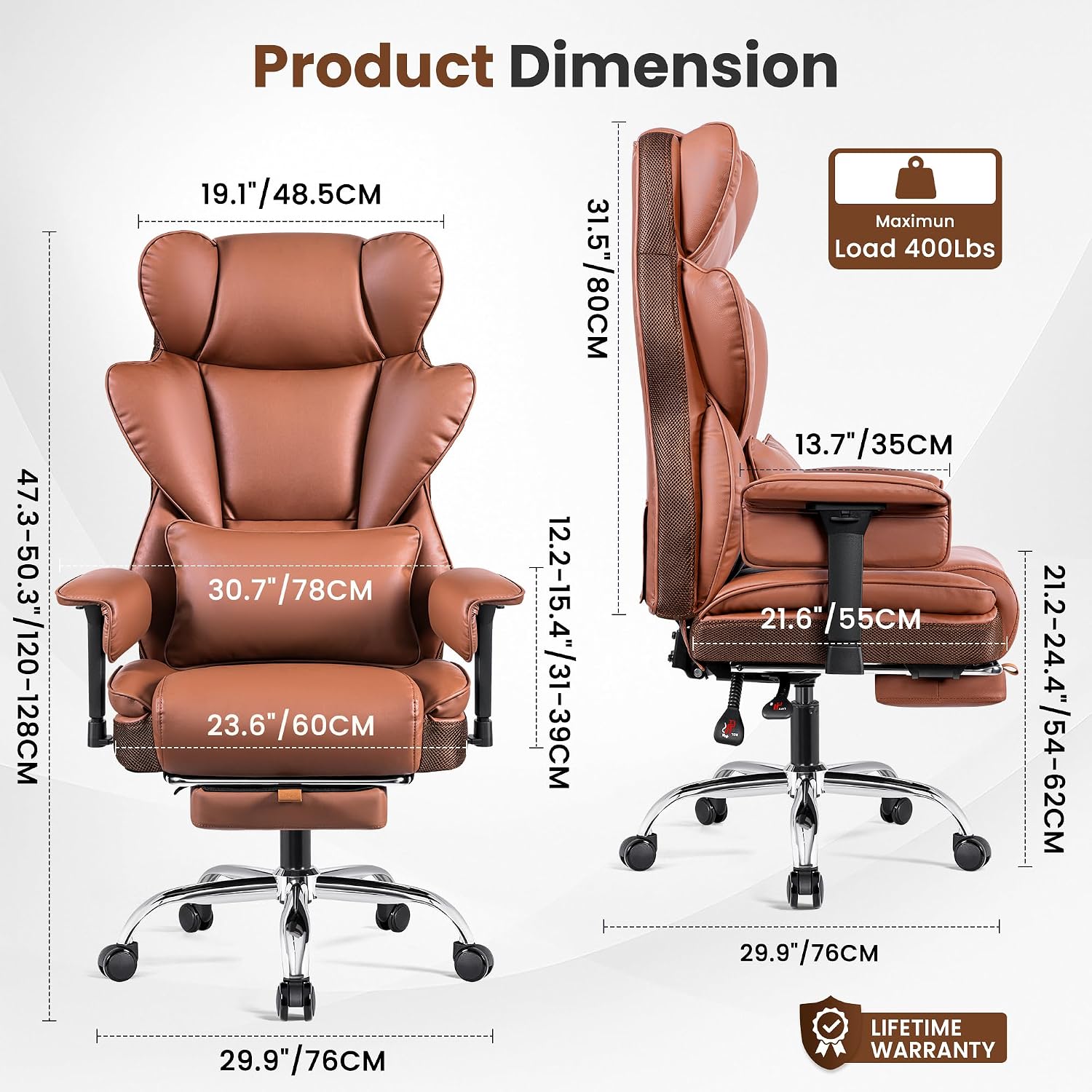 BESTFAIR Big and Tall Office Chair - 400 LBS Capacity Executive Chair with High Back & Footrest, Ergonomic Computer Gaming Chair for Heavy People, Wide Padded Seat, Brown PU Leather