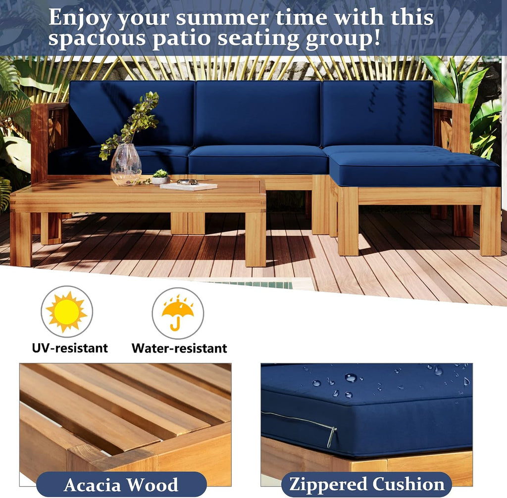 Upgrade Acacia Wood Outdoor Patio Sectional Sofa Set, 5-Piece All-Weather Conversation Sofa Set with Cushions and Side Coffee Table for Balcony Garden Backyard Poolside (Blue-UP)