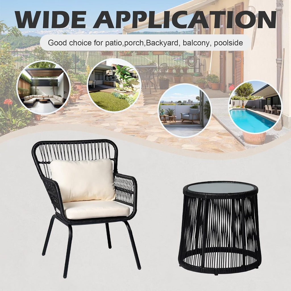 3 Piece Outdoor Wicker Furniture Bistro Set, Rattan Chairs Conversation Sets Wicker Patio Furniture for Balcony Poolside Backyard, Black/Beige