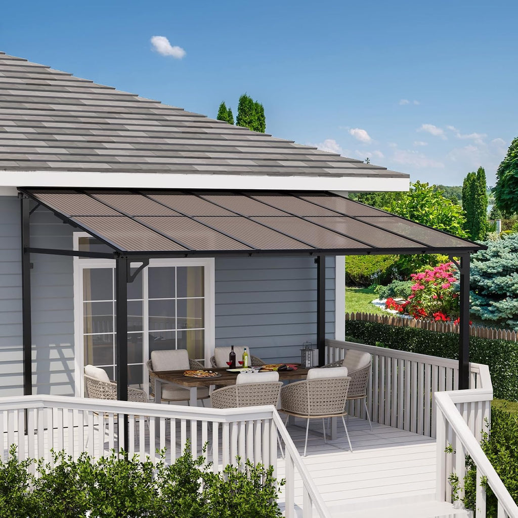 Acekool 10x12 Ft Wall Mounted Gazebo Pergola, Outdoor Lean to Gazebo Hardtop with Polycarbonate Roof, Upgraded Steel Frame Hardtop Pavilion for Patio, Garden, Lawn, Deck