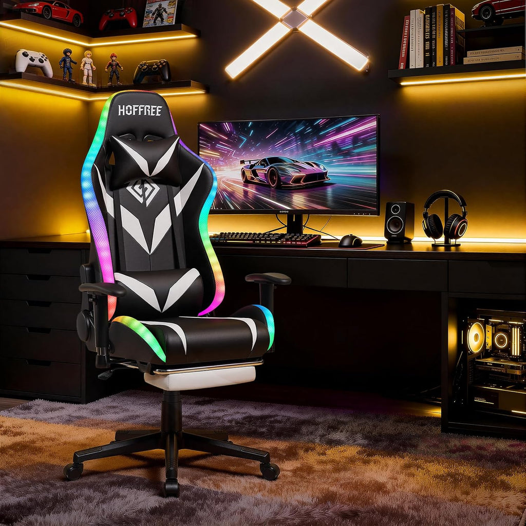 HOFFREE Gaming Chair with Bluetooth Speakers and Led Lights Massage Video Game Chair with Footrest Reclining High Back Computer Gamer Chair White and Black