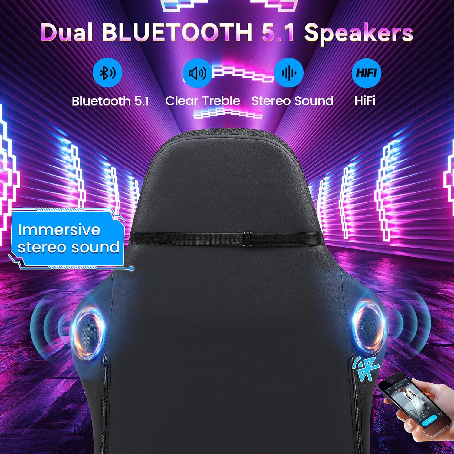 GTPLAYER RGB Gaming Chair with Speakers - LED Computer Game Chair for Adults, PC Home Office Chairs with Footrest & Lights, Reclining Desk Chairs, Dark Black