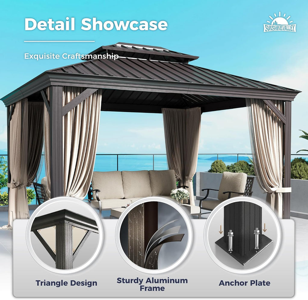 SUNSHINE VALLEY 10'x12' Hardtop Gazebo, Permanent Aluminum Outdoor Gazebo with Galvanized Steel Double Roof & Gutter System, Heavy Duty Patio Pavilion Canopy with Netting and Curtains for Deck, Garden
