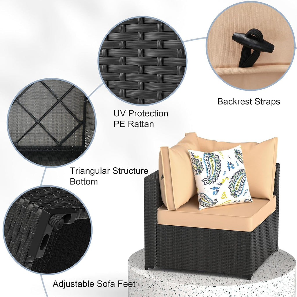 GOJOOASIS Patio Furniture Set Outdoor Sectional Sofa with Ottoman Wicker Couch Rattan Modular Seating Conversation Sets Porch Decor for Backyard, Balcony, Garden (Khaki)