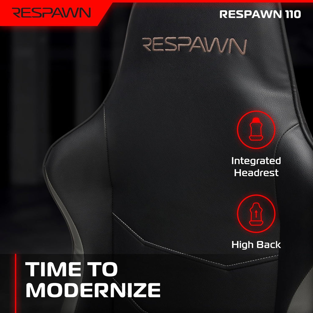 Respawn 110 Ergonomic Gaming Chair - Reclining Office Video Game Swivel Chair with Lumbar Support, Headrest, Heavy Duty, High Back, Racing Style Gaming Recliner Seat for Computer Gamer - Gray
