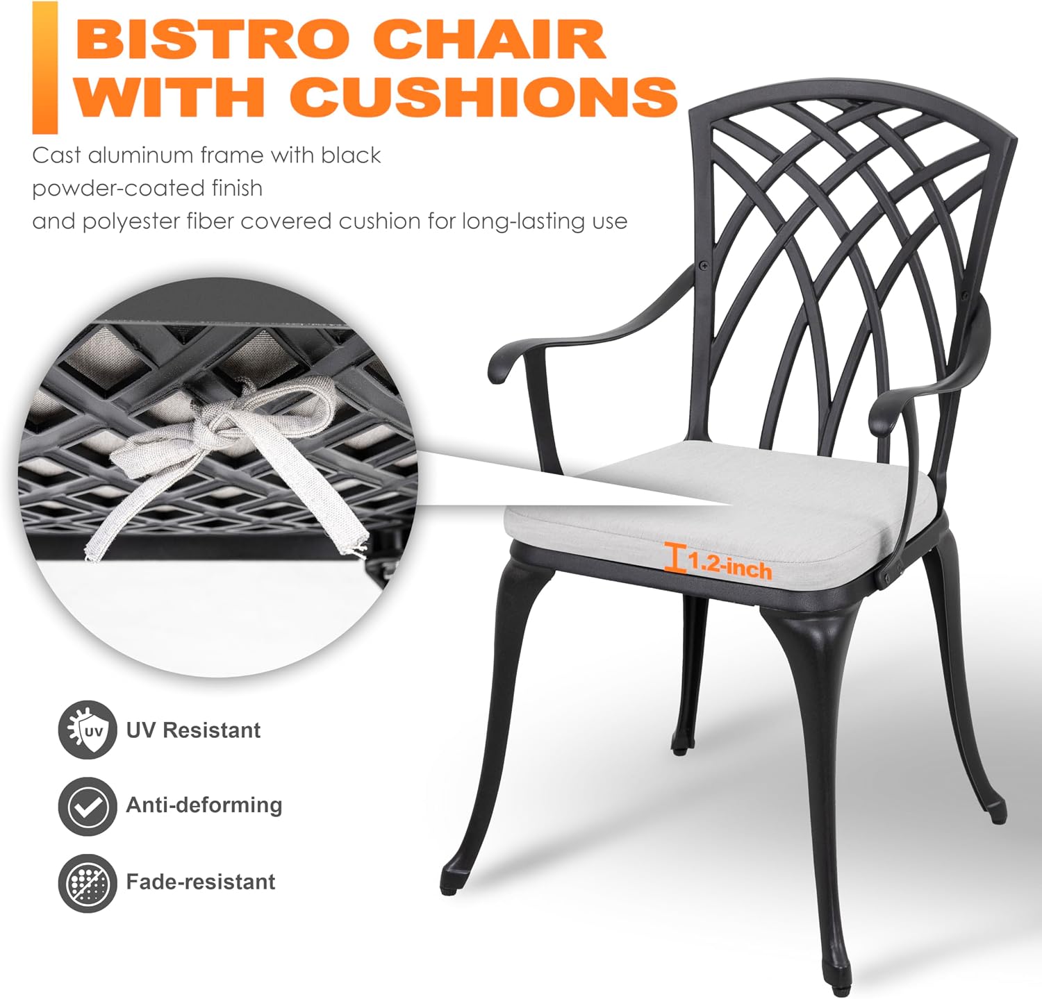 NUU GARDEN Bistro Set 3 Piece Outdoor Cast Aluminum Patio Bistro Set Patio Table and Chairs Set of 2 with Umbrella Hole and Gray Cushions, Black