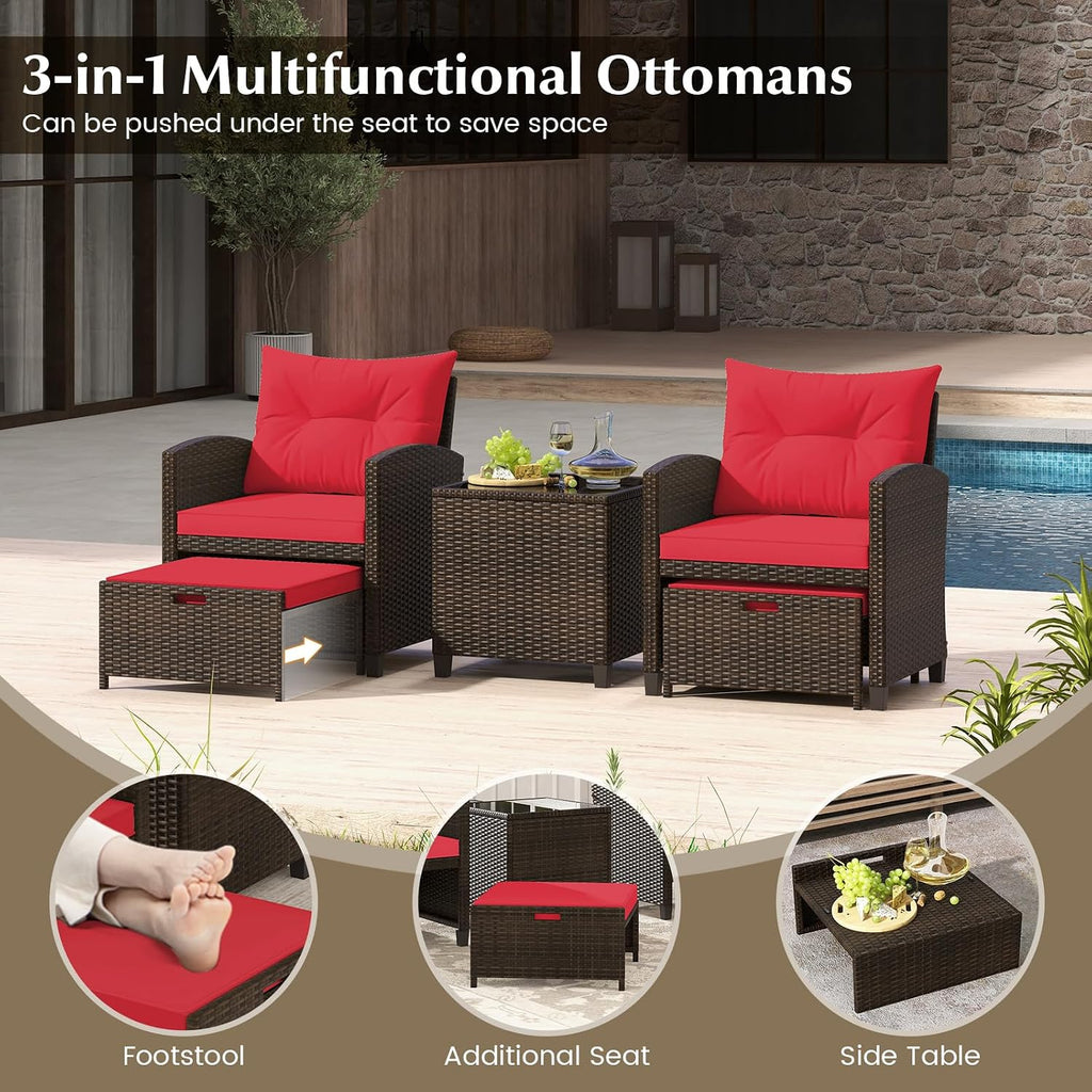 KOTEK 5 Pieces Patio Furniture Set with Ottomans, Wicker Patio Conversation Set with Coffee Table & Cushions, PE Rattan Outdoor Lounge Chairs for Backyard, Porch, Poolside (Mix Brown- Red)