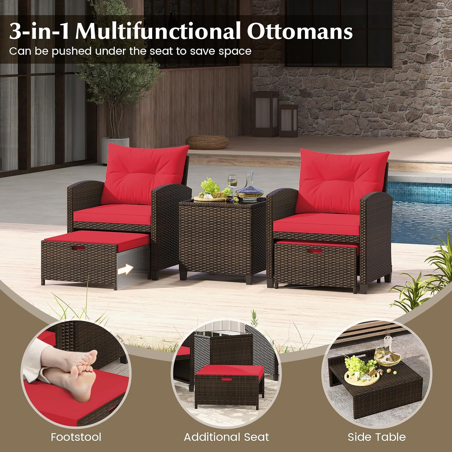 KOTEK 5 Pieces Patio Furniture Set with Ottomans, Wicker Patio Conversation Set with Coffee Table & Cushions, PE Rattan Outdoor Lounge Chairs for Backyard, Porch, Poolside (Mix Brown- Red)
