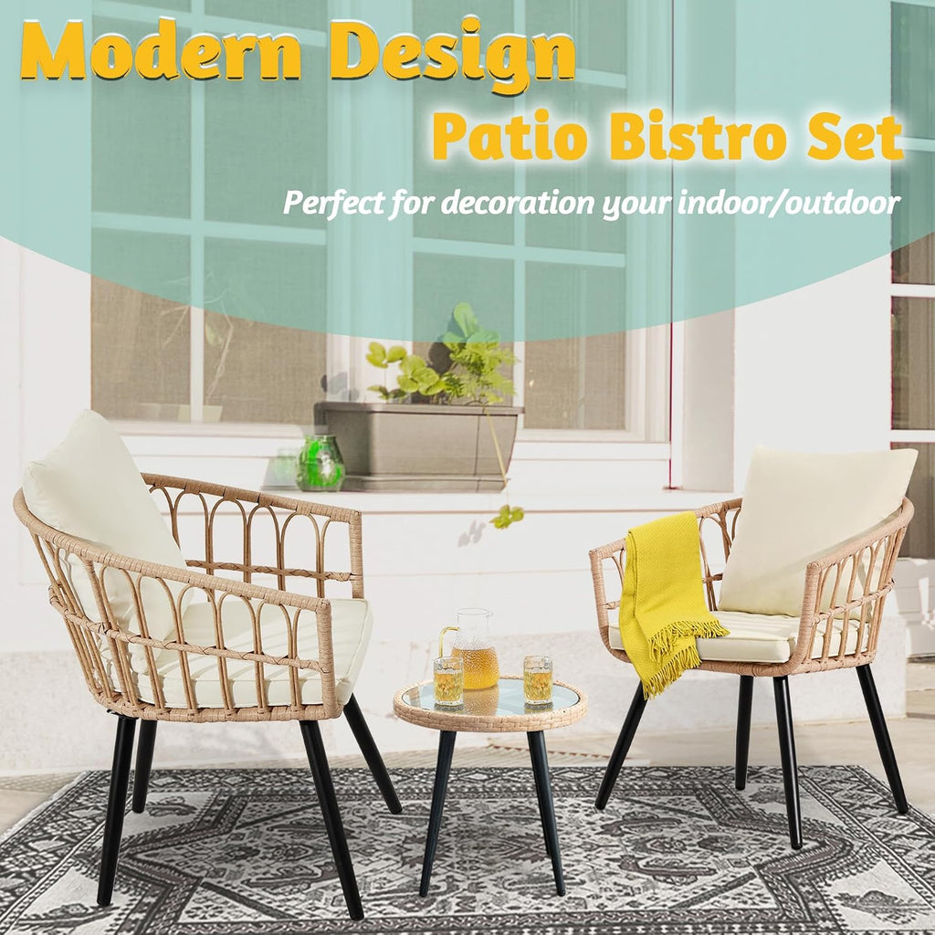 FHFO 3 Piece Outdoor Patio Bistro Set, Wicker Table and Chairs Set of 2, All-Weather Rattan Balcony Furniture Set for Patio Front Porch Apartment, Natural/Beige