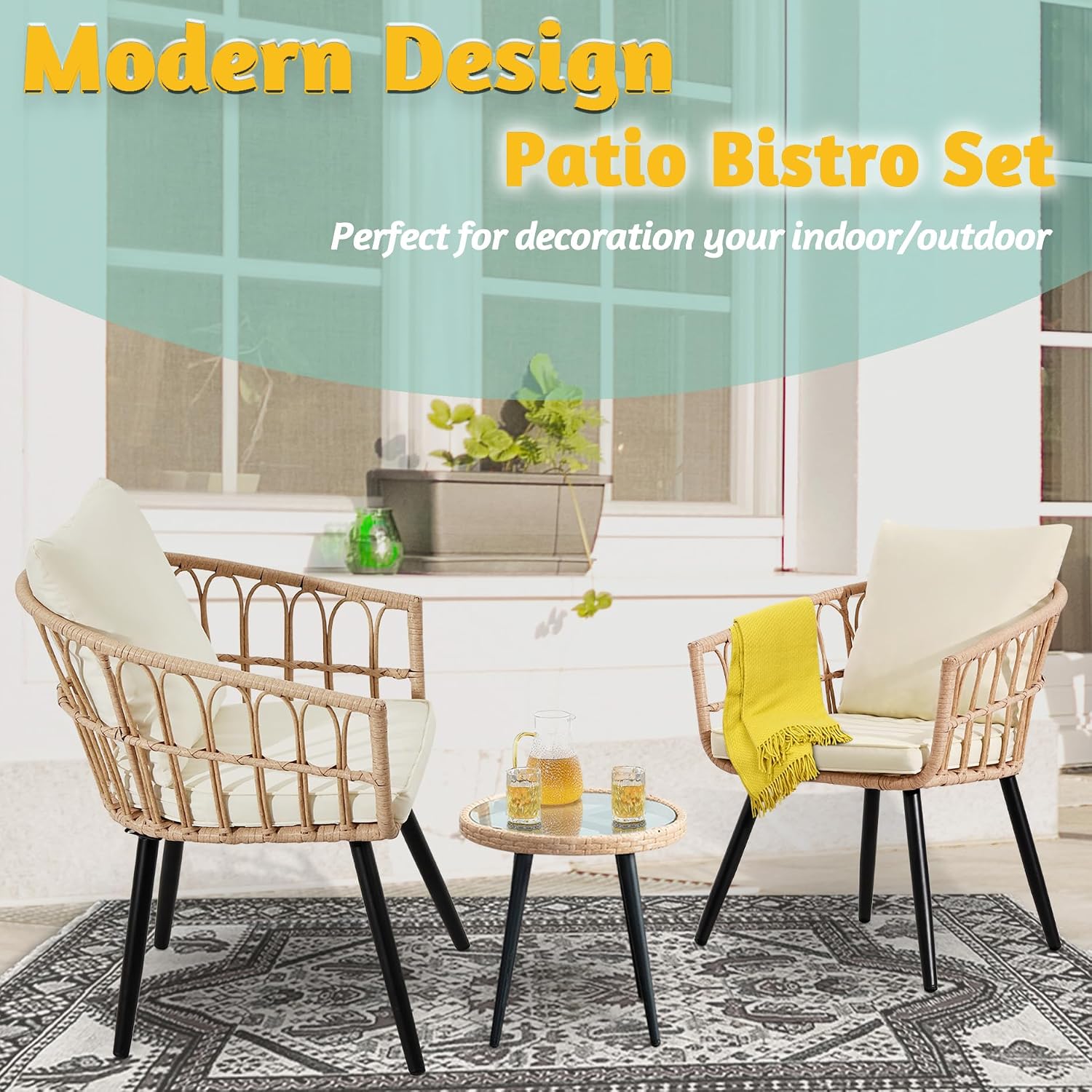 FHFO 3 Piece Outdoor Patio Bistro Set, Wicker Table and Chairs Set of 2, All-Weather Rattan Balcony Furniture Set for Patio Front Porch Apartment, Natural/Beige