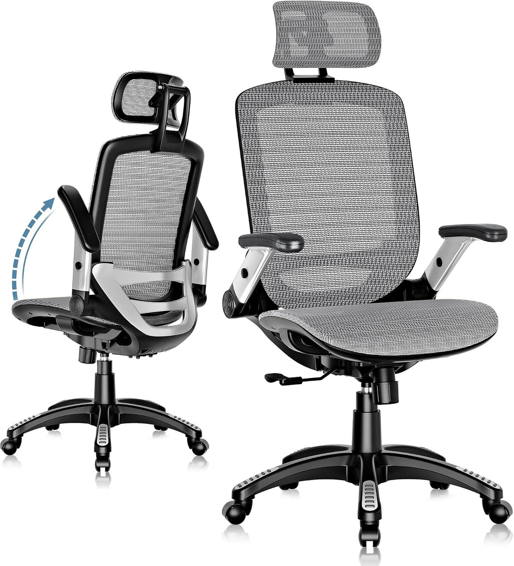 GABRYLLY Ergonomic Office Chair, High Back Home Desk Chair with Headrest, Flip-Up Arms, 90-120° Tilt Lock and Wide Cushion, Big and Tall Mesh Chairs for Man Woman, Grey Task Chair