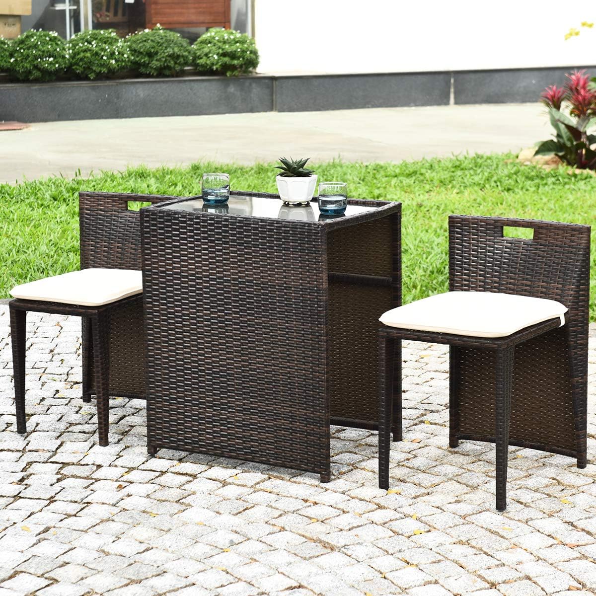 HAPPYGRILL 3 Pieces Wicker Patio Bistro Set, Outdoor Rattan Dining Set, Patio Furniture Set with Cushions for Yard Deck Garden Poolside