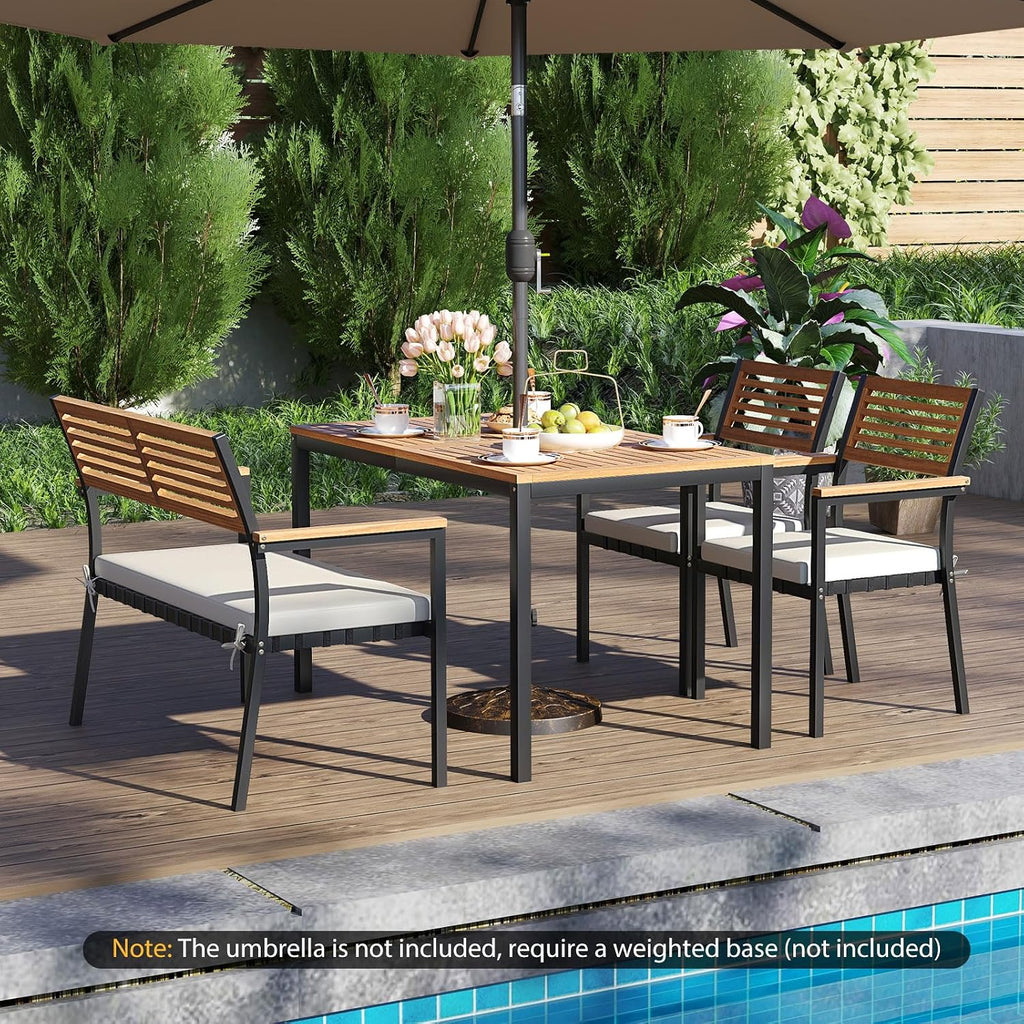 Tangkula 4 Piece Patio Dining Furniture Set, Outdoor Dining Chair Set for 4 w/Acacia Wood & Metal Frame, Umbrella Hole, 1 Table, 2 Armchairs, 1 Bench for Lawn, Garden, Backyard, Porch
