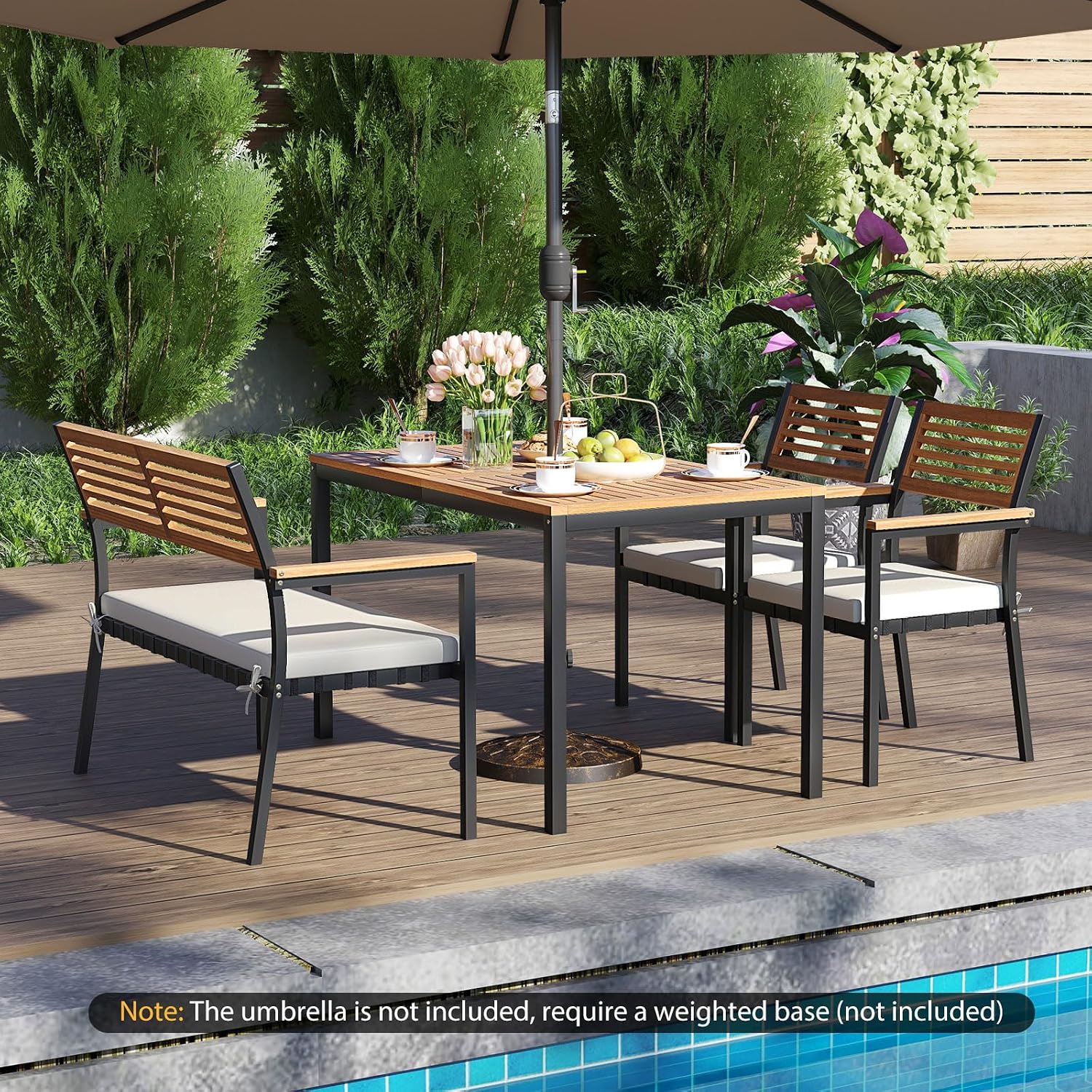 Tangkula 4 Piece Patio Dining Furniture Set, Outdoor Dining Chair Set for 4 w/Acacia Wood & Metal Frame, Umbrella Hole, 1 Table, 2 Armchairs, 1 Bench for Lawn, Garden, Backyard, Porch