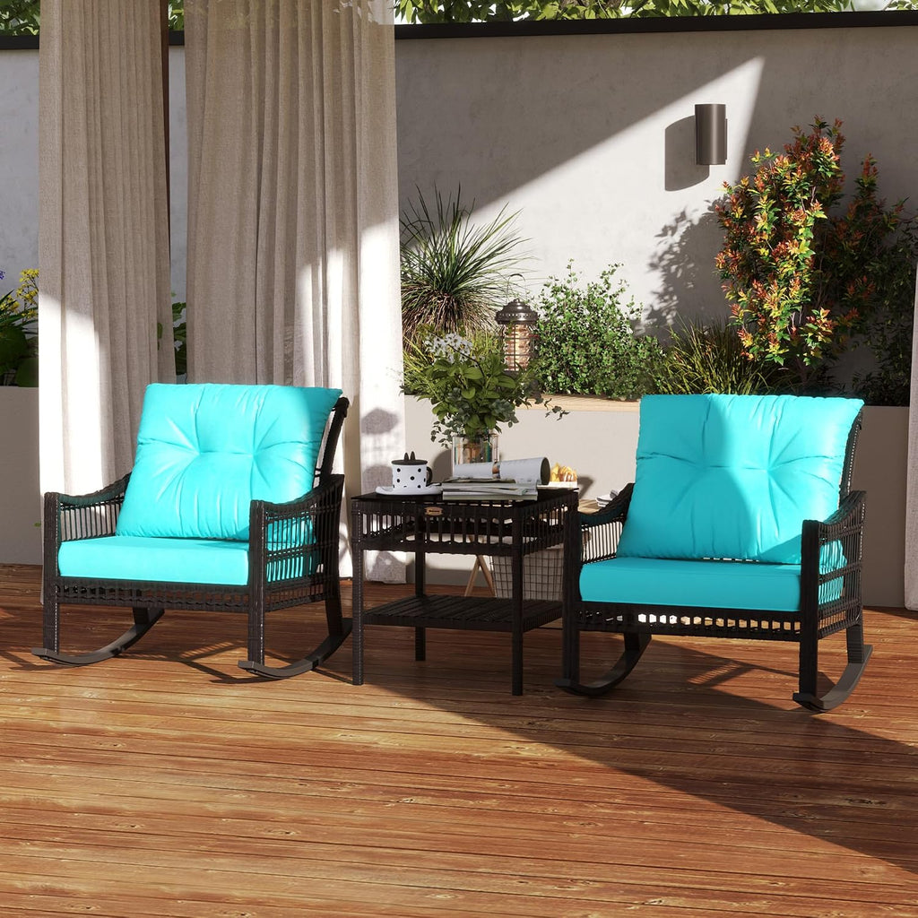 Outsunny Wicker Outdoor Rocking Chair Set, 3 Piece Patio Furniture Set with Padded Cushions and Storage Coffee Table, 2-Seater PE Rattan Bistro Set for Garden Backyard Porch, Turquoise