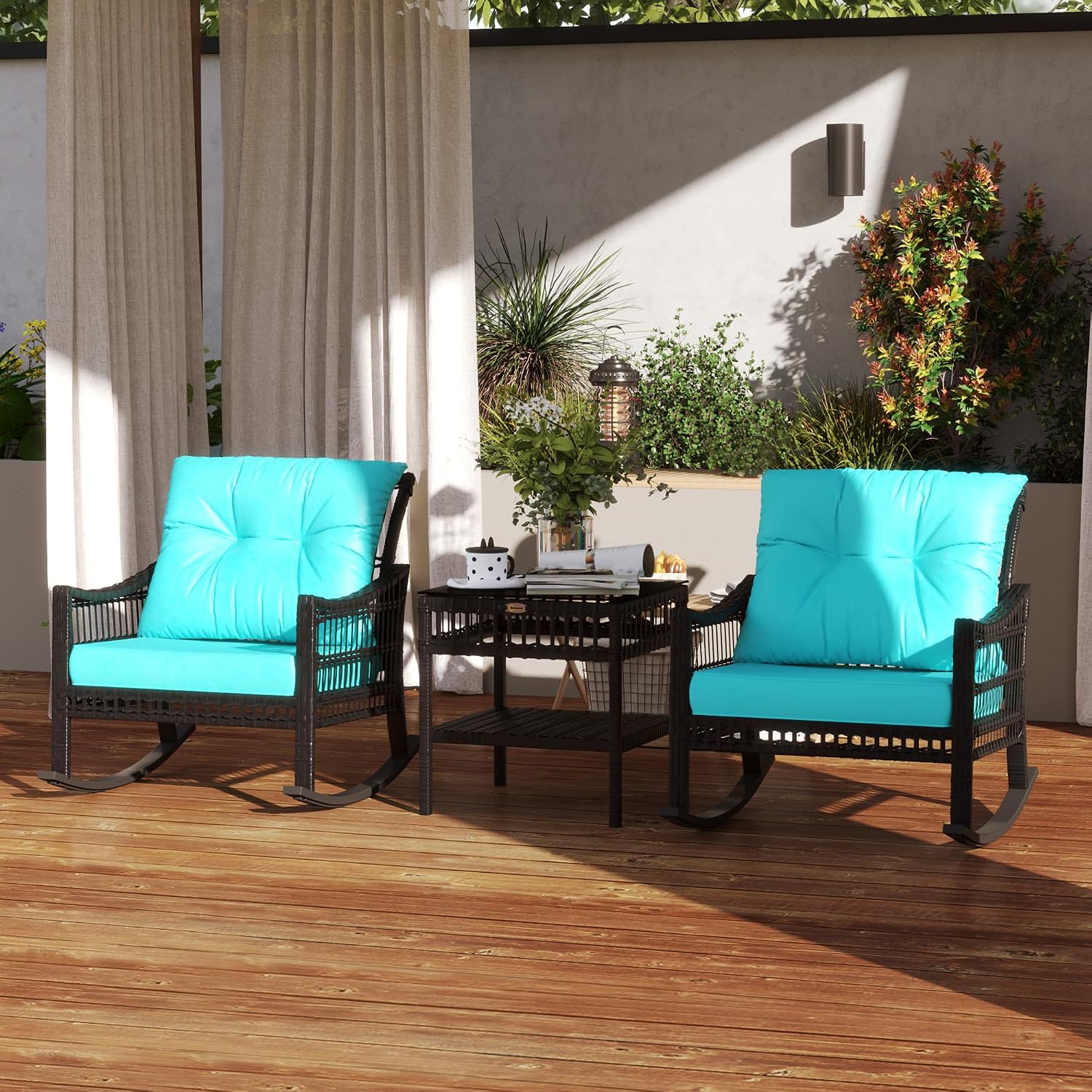 Outsunny Wicker Outdoor Rocking Chair Set, 3 Piece Patio Furniture Set with Padded Cushions and Storage Coffee Table, 2-Seater PE Rattan Bistro Set for Garden Backyard Porch, Turquoise
