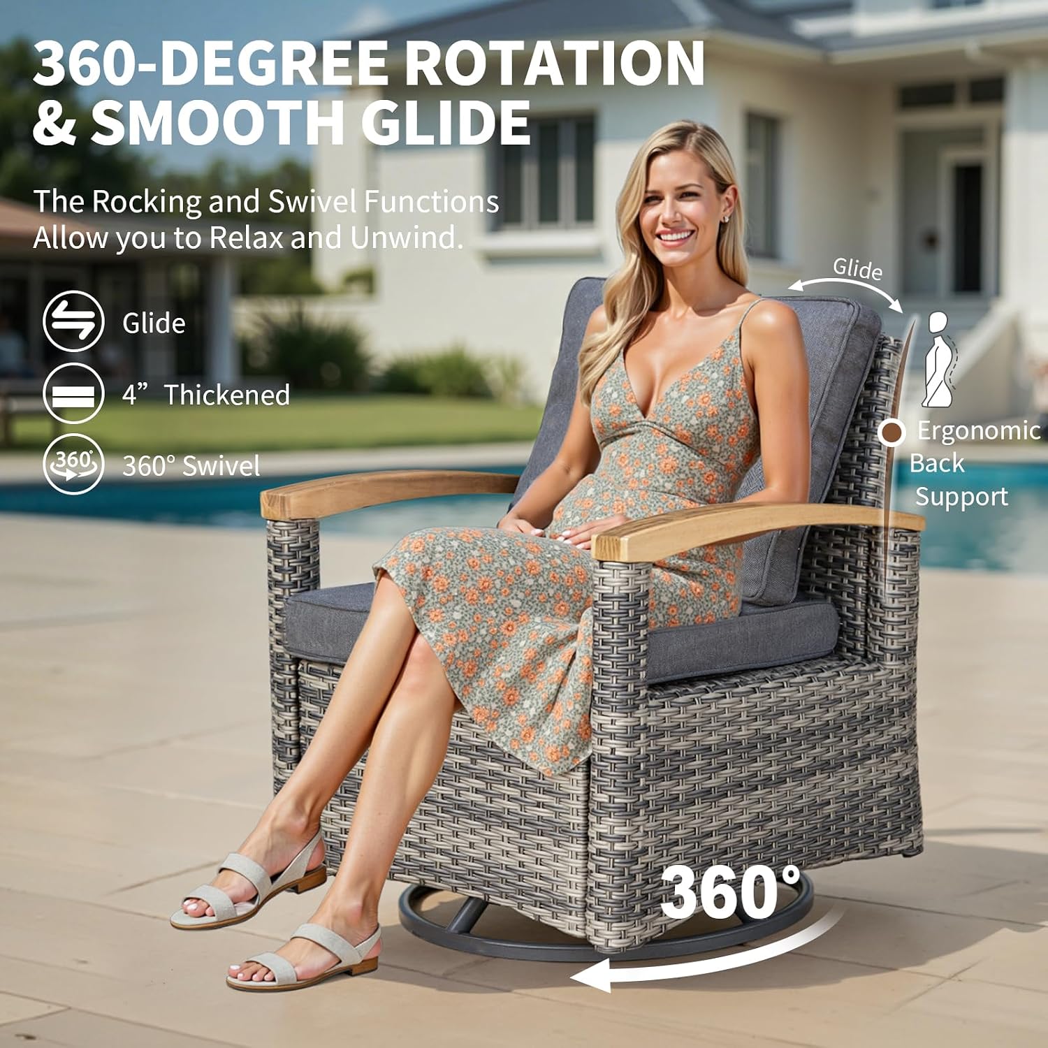 MEISSALIVVE 6 Pieces Patio Furniture Sets, Wicker Patio Conversation Sets with 4 Wood Armrests Swivel Glide Chairs，Outdoor Conversation Set for Deck Yard and Poolside (Grey)