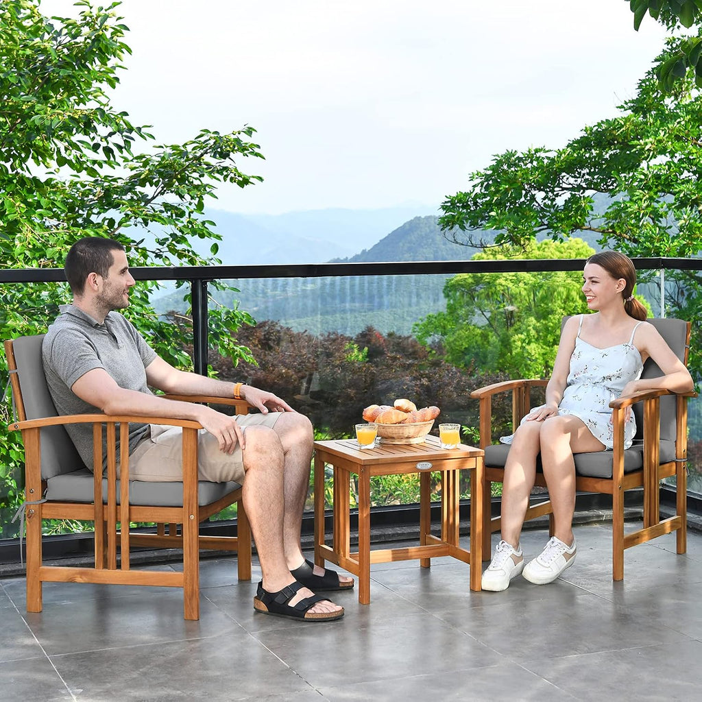 Tangkula 3 Pieces Patio Furniture Set, Includes Set of 2 Outdoor Acacia Wood Cushioned Chairs and Coffee Table, for Garden, Backyard, Poolside, Bistro and Deck, Patio Conversation Chat Set (Gray)