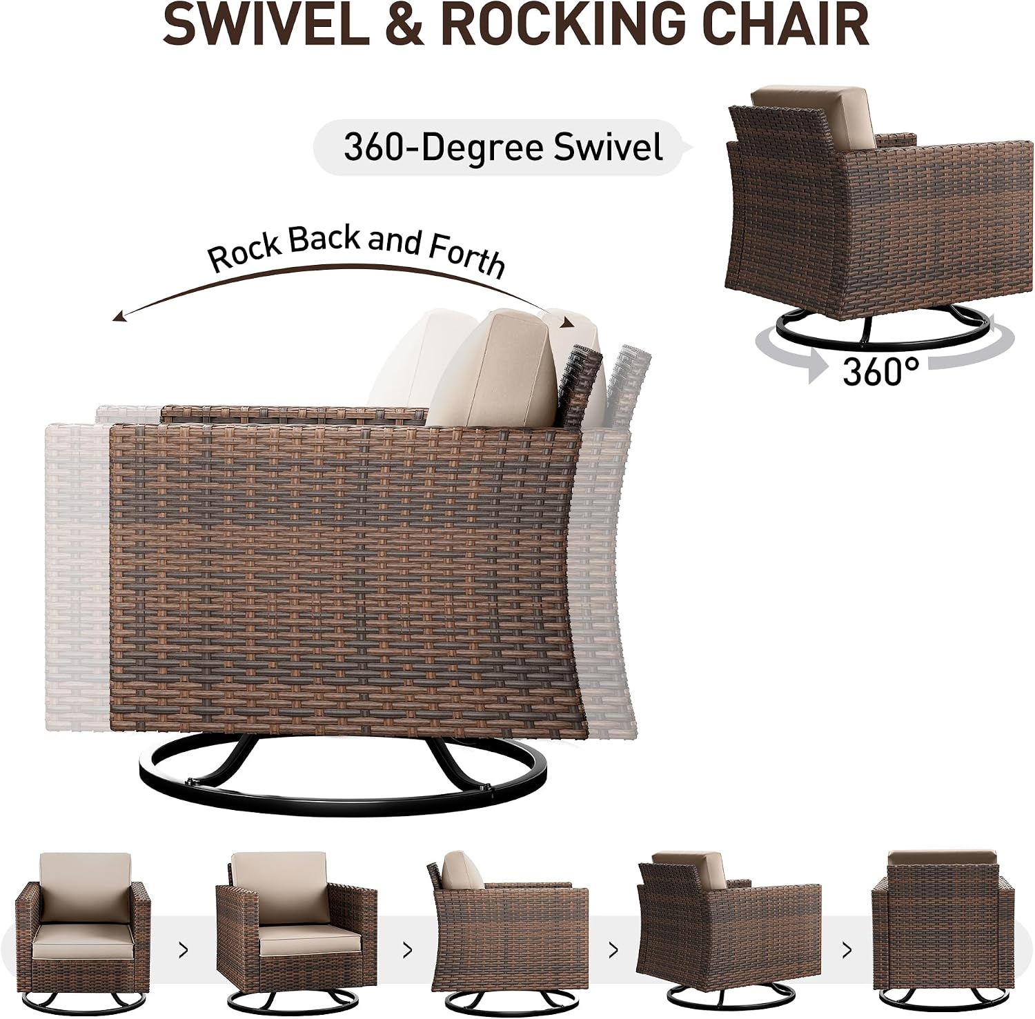 UDPATIO 5 Pieces Patio Furniture Set with Fire Pit Table, Outdoor Conversation Set with Rocking Swivel Chairs, Wicker Furniture Set with Waterproof Cover, 4'' Thickened Cushion, Khaki