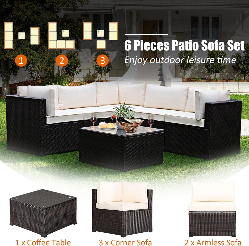 Tangkula 6 Pieces Patio Furniture Set, Outdoor Rattan Sofa Set, Wicker Conversation Set w/Tempered Glass Coffee Table & Cushions, Sectional Sofa Set for Backyard, Garden, Balcony, Poolside (Beige)