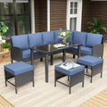 7-Piece Patio Furniture Set, All-Weather Wicker Sectional Sofa with Seat & Back Cushions, Long Glass Coffee Table, Outdoor Rattan Conversation Set for Garden, Porch, Lawn, Blue