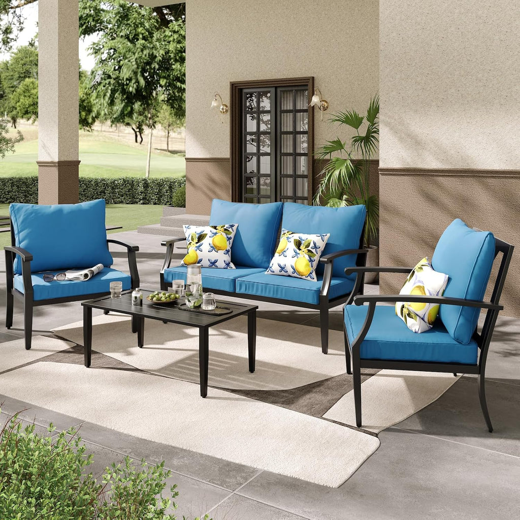 JOYURE 4 Pieces Patio Furniture Set w/loveseat,Coffe Table,Outdoor Conversation Metal Sofa with High Back and Thick Cushion,for Backyard,Garden,Peacock Blue