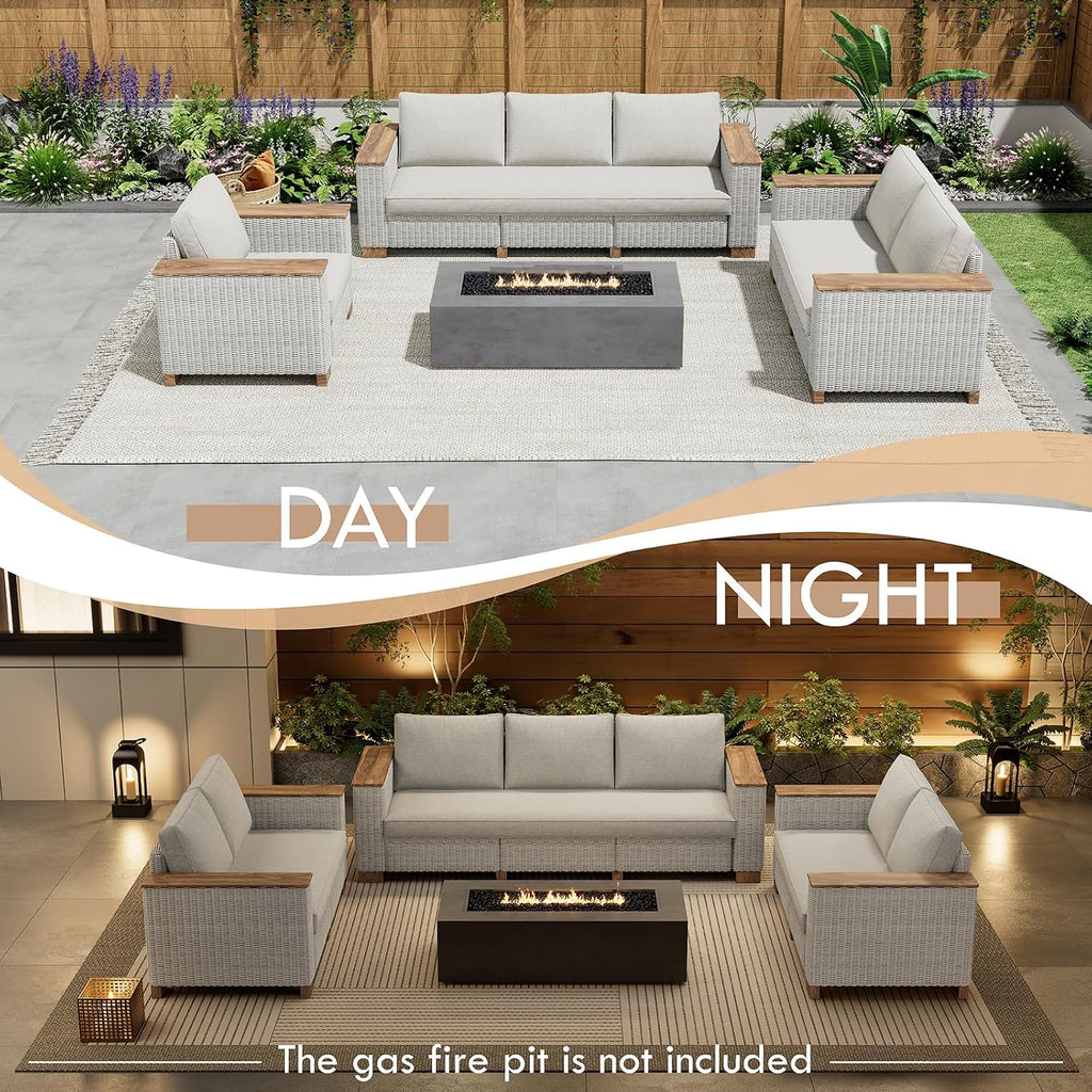 PaPaJet 6-Piece Wicker Patio Furniture Set with Solid Wood Armrest, Outdoor Patio Set with Thick Legs, UV-Resistant Modular Outdoor Sectional Sofa for Backyard, Porch, Garden