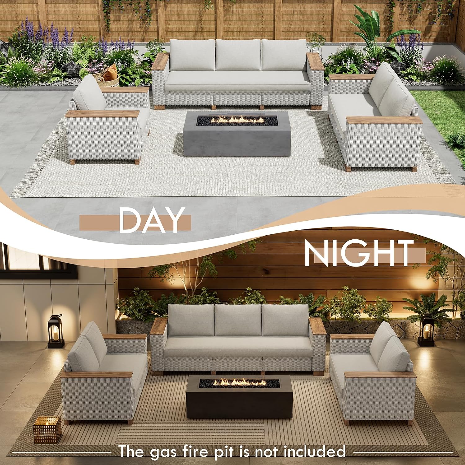 PaPaJet 6-Piece Wicker Patio Furniture Set with Solid Wood Armrest, Outdoor Patio Set with Thick Legs, UV-Resistant Modular Outdoor Sectional Sofa for Backyard, Porch, Garden