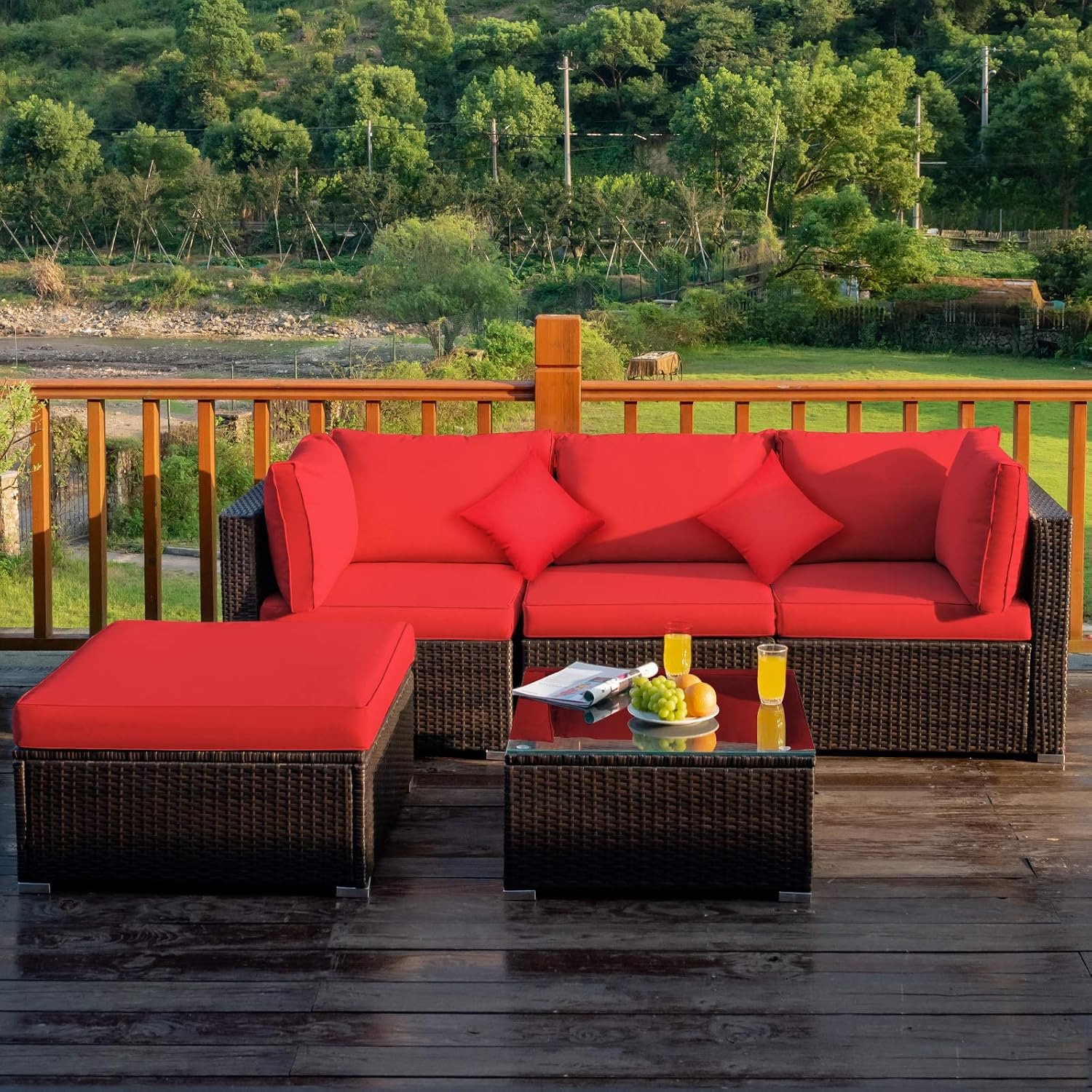 COSTWAY 5-Piece Outdoor Patio Furniture Set, Glass Top Coffee Table and Lounge Sofa with Cushions, PE Rattan Conversation Set for Garden, Deck, Backyard (Red)