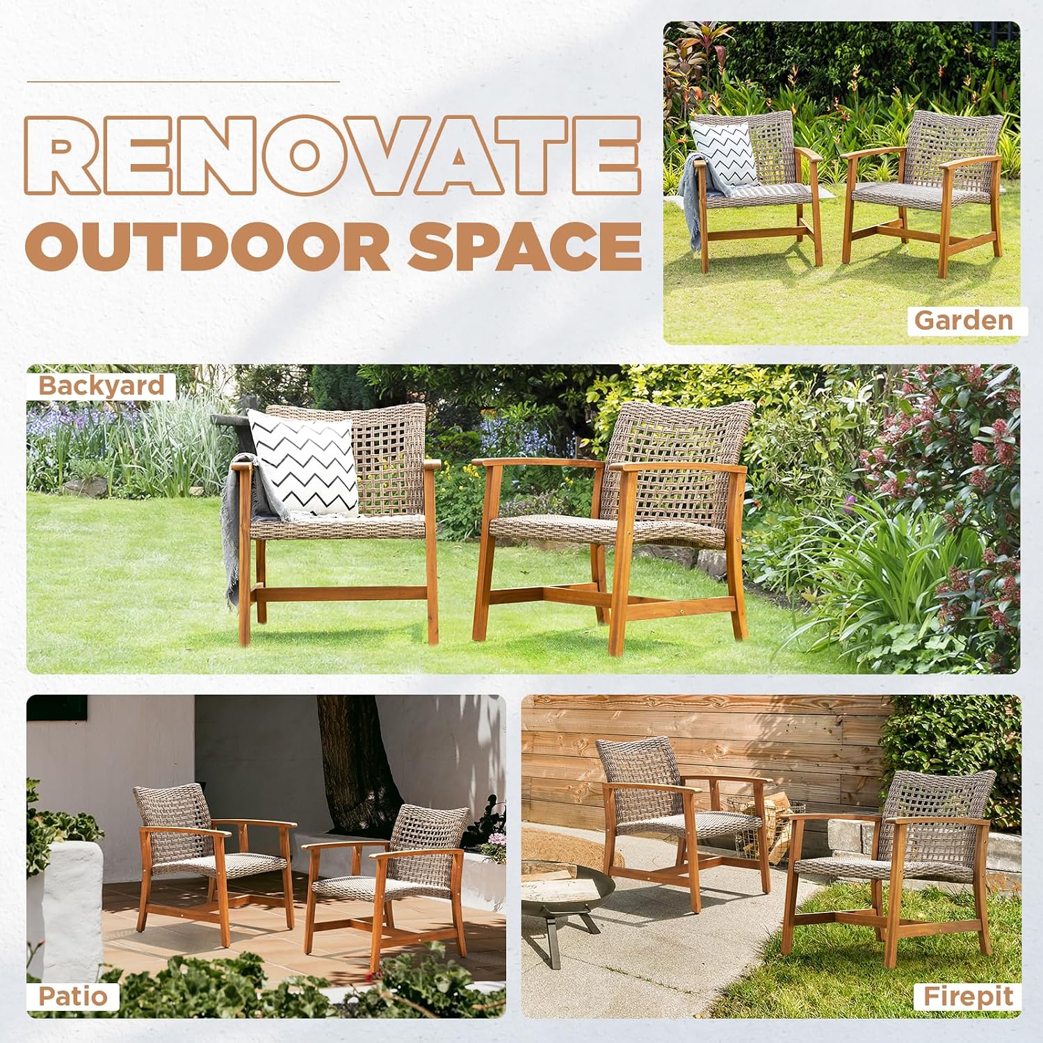 Idzo Liberte Accent Chairs Set of 2, 500lbs Weight Support, Acacia Wood, FSC Teak Finish, UV Protected, Dynamic Gray Wicker, Ideal for patios and Gardens