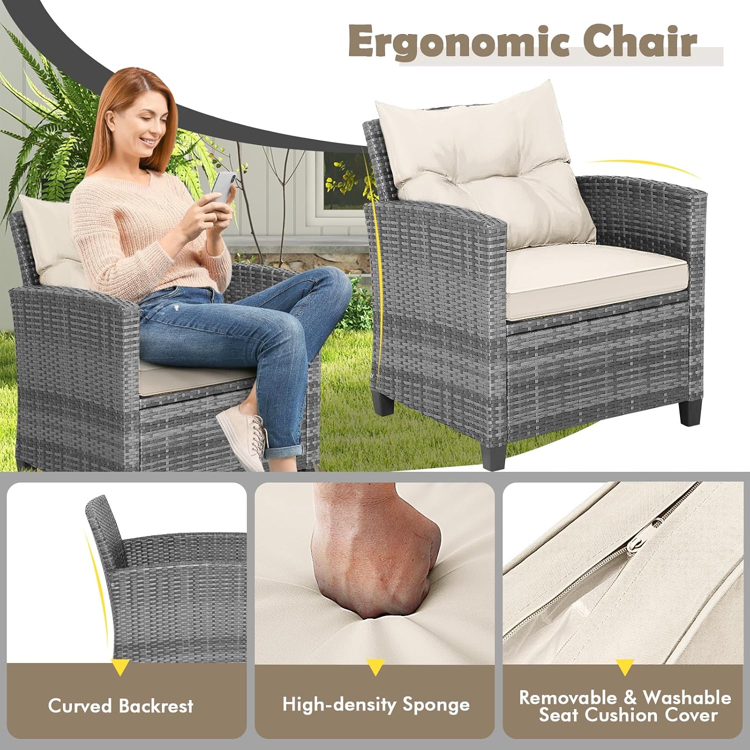 COSTWAY 3PCS Patio Furniture Set, PE Rattan Wicker Sofa w/Washable Cushion and Coffee Table, Tempered Glass Tabletop, Outdoor Conversation Set for Balcony, Porch, Yard, Backyard, Lawn (White)