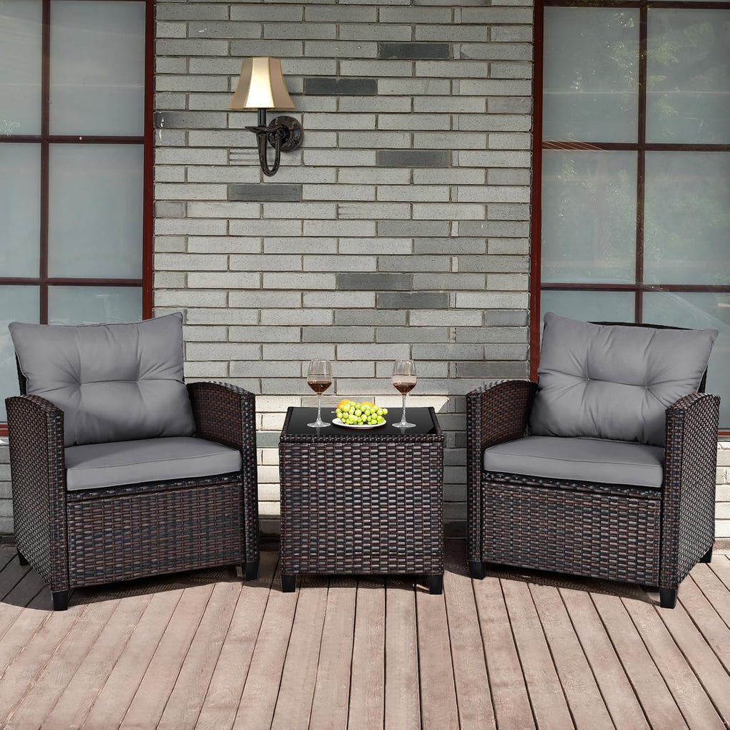 KOTEK 3 Piece Patio Furniture Set, Outdoor Conversation Set with Washable Cushions & Tempered Glass Tabletop, PE Rattan Wicker Bistro Set for Porch, Garden, Balcony (Grey)
