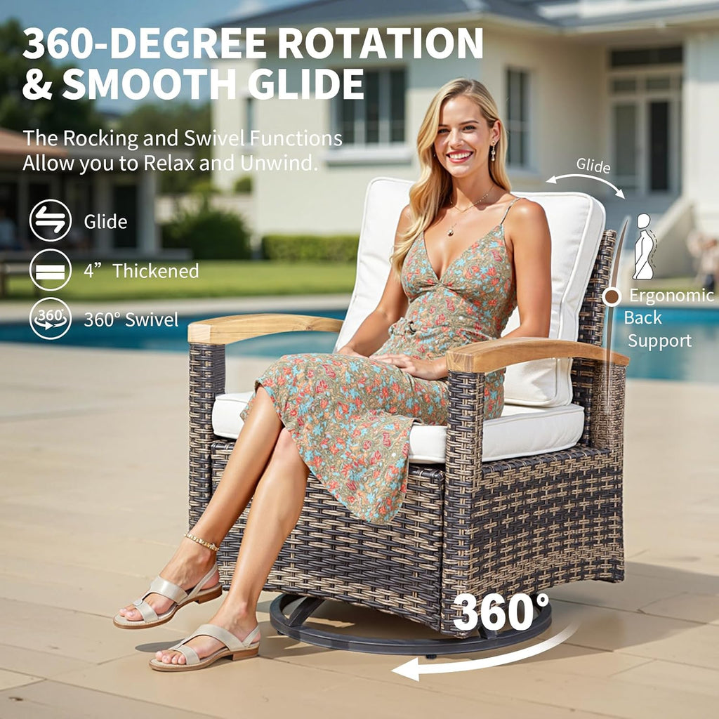 MEISSALIVVE 6 Pieces Patio Furniture Sets,Wicker Patio Conversation Sets with 2 Wood Armrests Swivel Glide Chairs, 2 Ottomans for Deck Yard and Poolside (Beige)