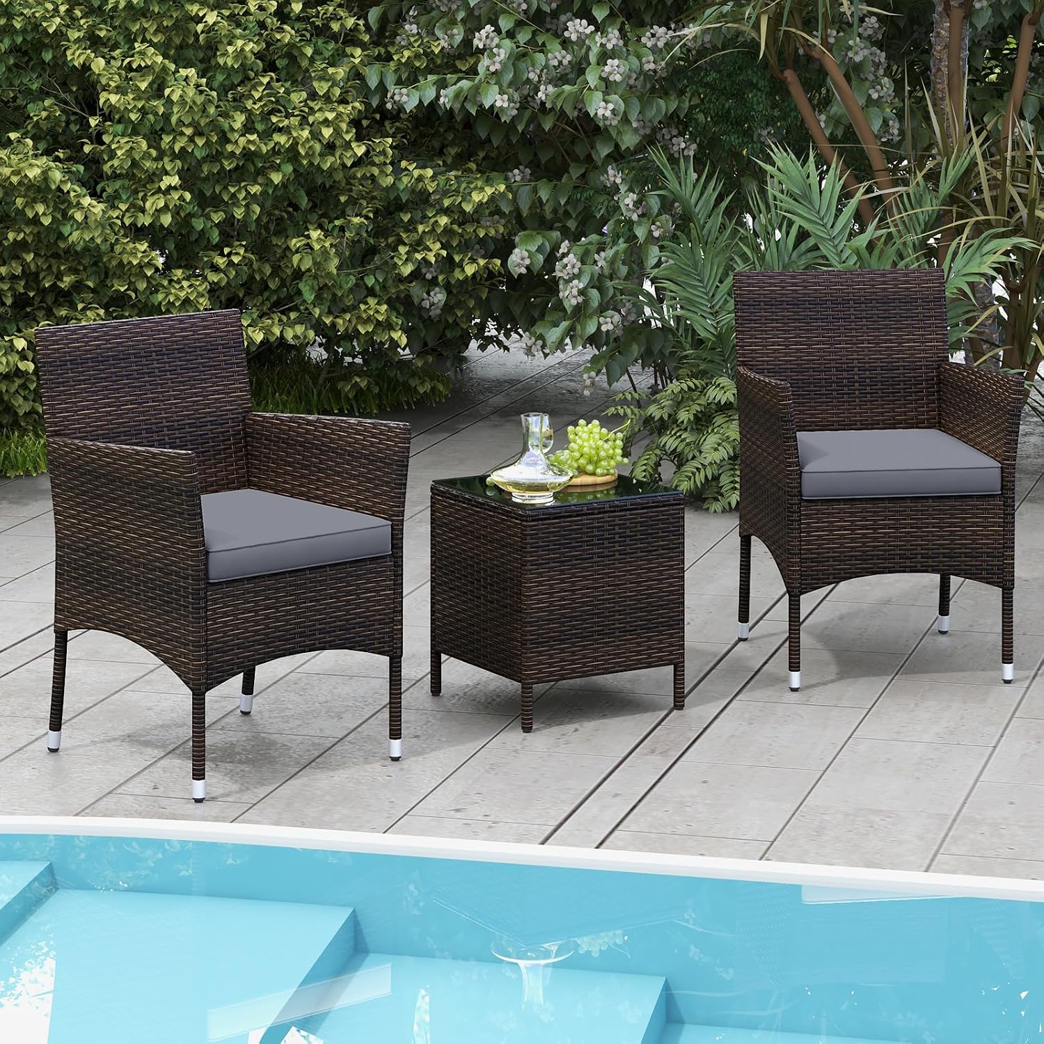 Tangkula 3 Pieces Patio Rattan Furniture Set, Outdoor Conversation Set with PE Wicker Armchairs, Tempered Glass Top Coffee Table, Soft Removable Cushions, for Porch Garden Yard Balcony (Grey)