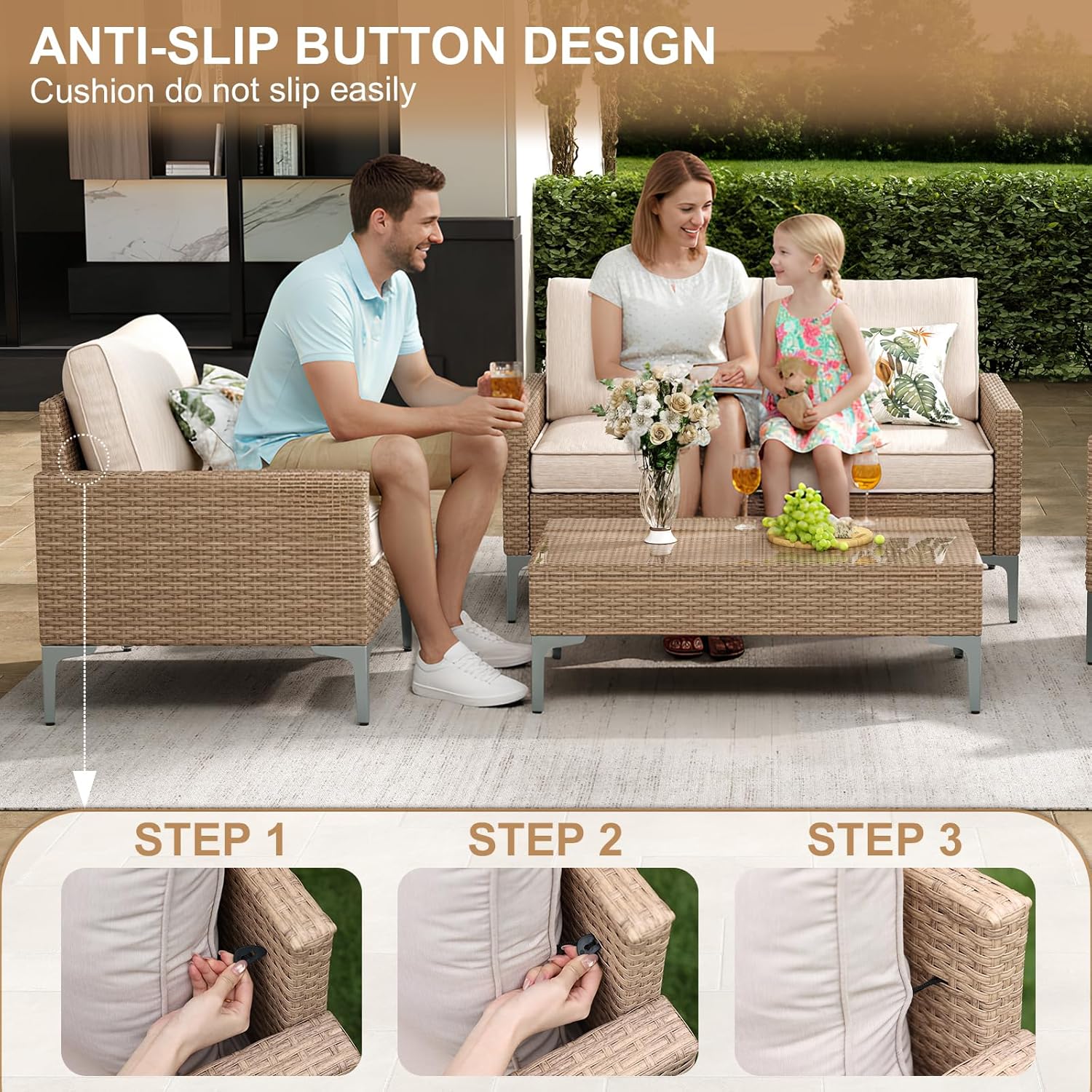 JOYURE 4-Piece Patio Furniture Set,Outdoor Wicker Patio Conversation Set with Tempered Glass Table,All-Weather Rattan Sectional Loveseat&Chairs with Thick Cushions for Garden,Deck,Backyard-Beige