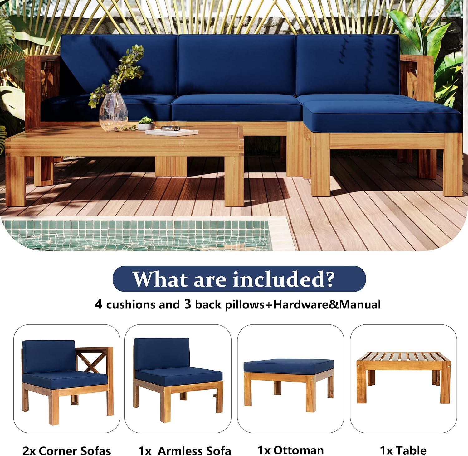 Upgrade Acacia Wood Outdoor Patio Sectional Sofa Set, 5-Piece All-Weather Conversation Sofa Set with Cushions and Side Coffee Table for Balcony Garden Backyard Poolside (Blue-UP)