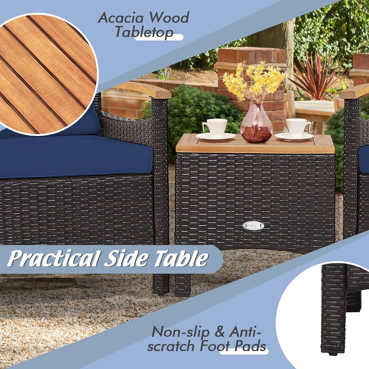 Tangkula 3-Piece Patio Furniture Set, Patiojoy Outdoor Rattan Sofa Set with Coffee Table, Patio Conversation Set with Removable Cushion, Cozy Acacia Wood Armrests for Backyard, Poolside (Navy)