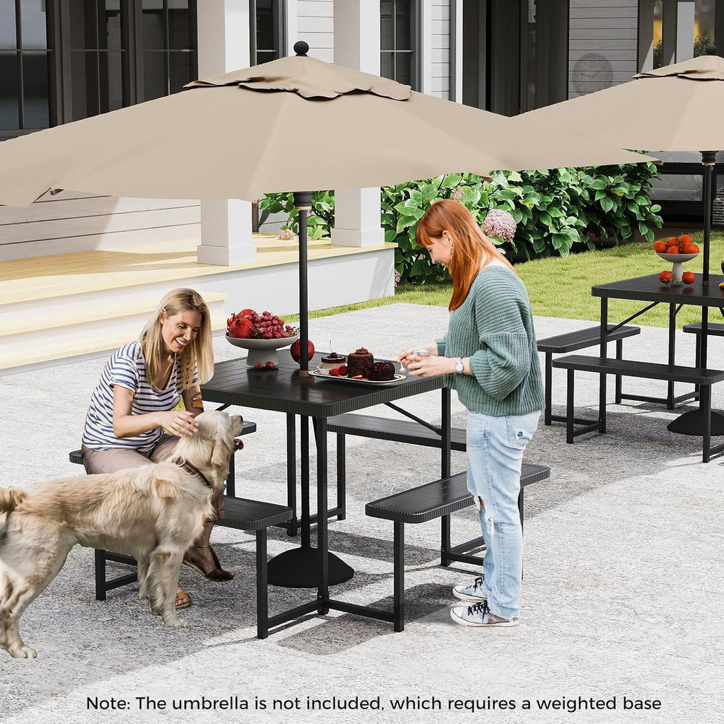 Giantex Picnic Table Bench Set for 4-8 People, 34' Outdoor Square Dining Table & 2 Benches w/Umbrella Hole, HDPE Tabletop, Metal Frame, Patio Camping Furniture for Backyard Porch Lawn (Black,Square)