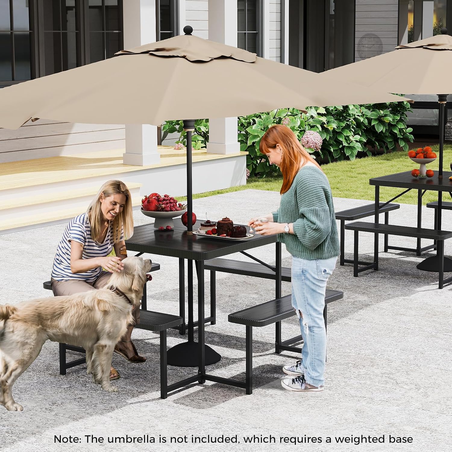 Giantex Picnic Table Bench Set for 4-8 People, 34' Outdoor Square Dining Table & 2 Benches w/Umbrella Hole, HDPE Tabletop, Metal Frame, Patio Camping Furniture for Backyard Porch Lawn (Black,Square)