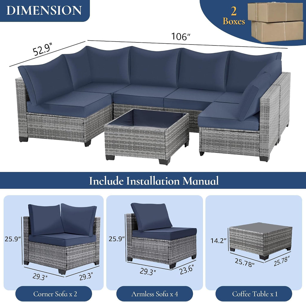 FHFO 7 Piece Outdoor Wicker Patio Furniture Set, Rattan Sectional Sofa Couch, Patio Conversation Set with Cushion & Coffee Table, for Backyard Poolside Porch Garden, Grey/Blue
