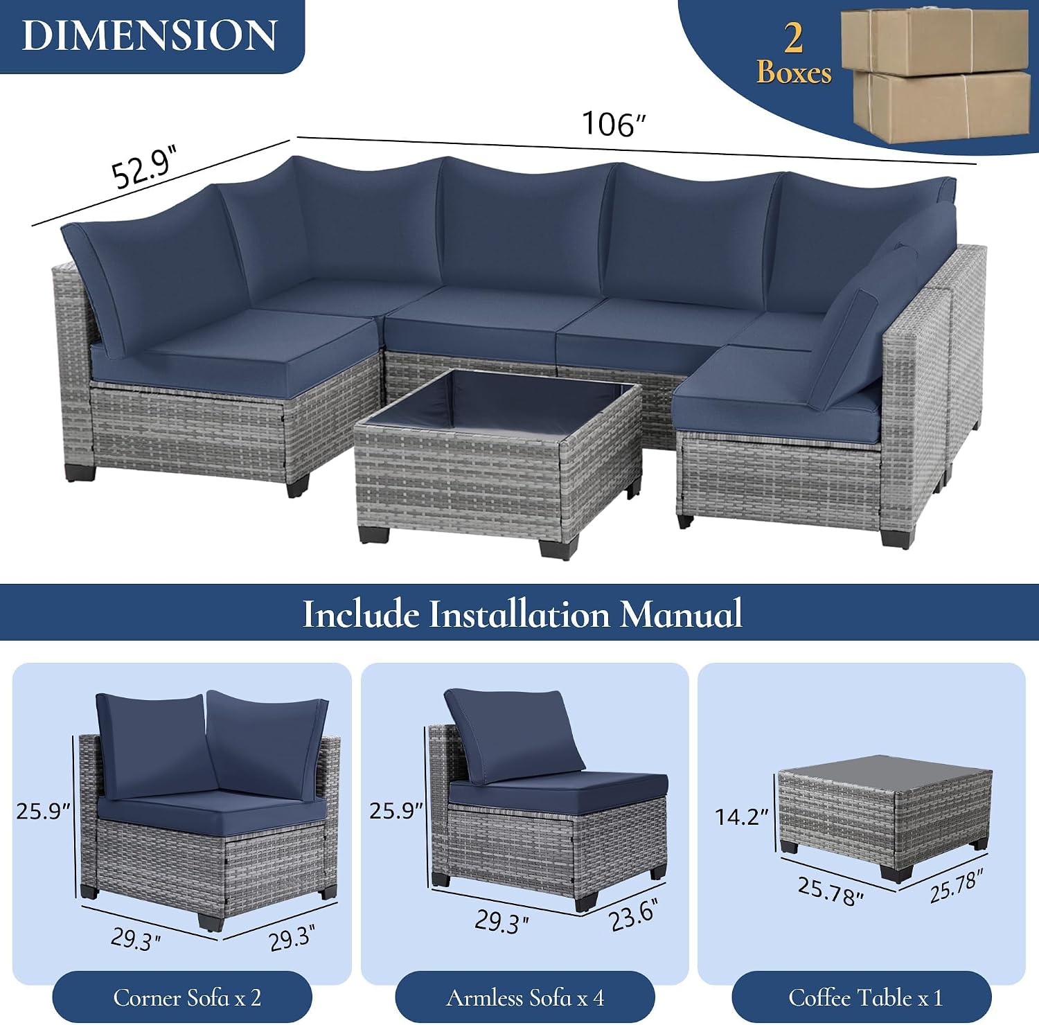 FHFO 7 Piece Outdoor Wicker Patio Furniture Set, Rattan Sectional Sofa Couch, Patio Conversation Set with Cushion & Coffee Table, for Backyard Poolside Porch Garden, Grey/Blue
