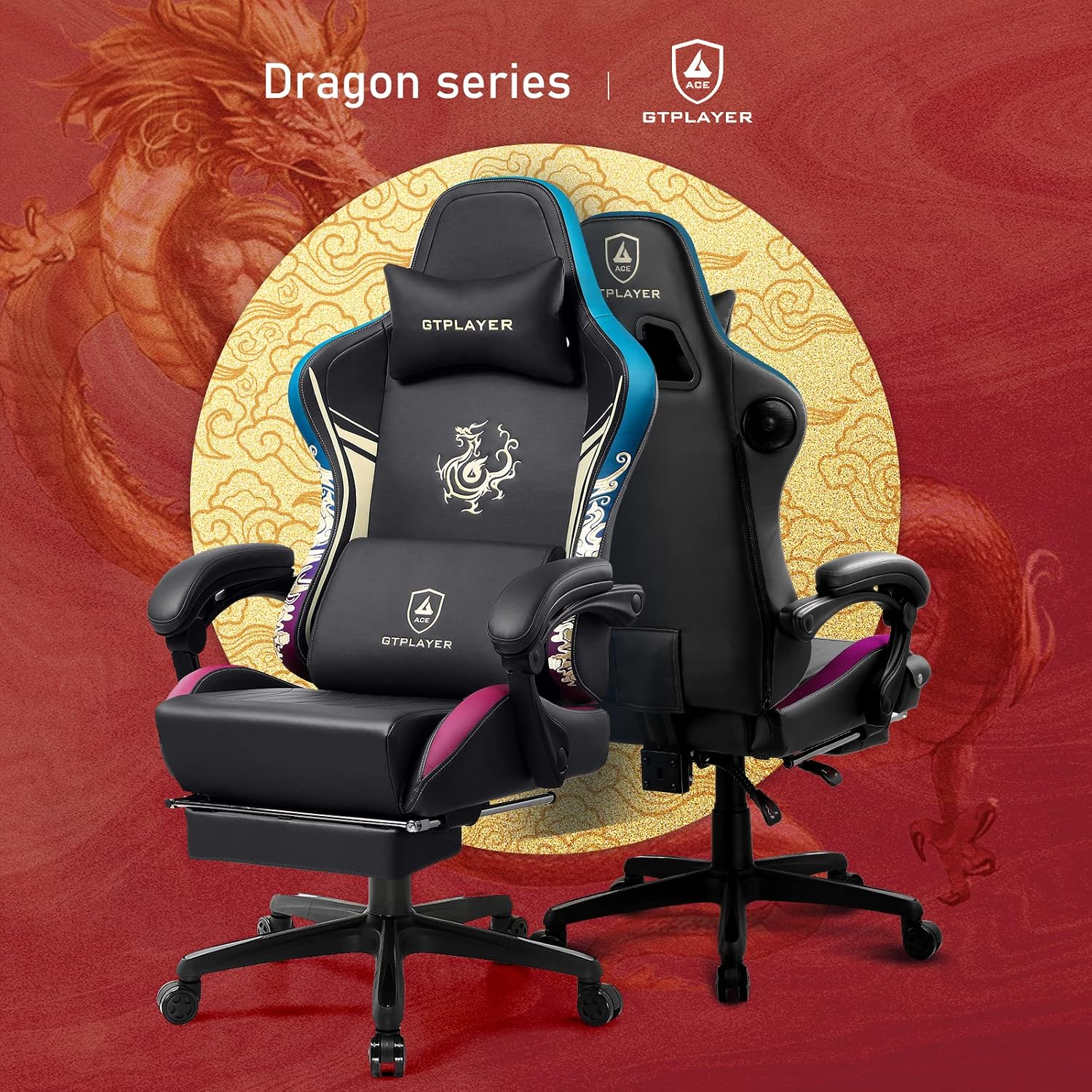 GTPLAYER Gaming Chair with Bluetooth Speakers and Footrest, Dragon Series Video Game Chair, Heavy Duty Ergonomic Chair, Esports Gaming Chair, Computer Office Desk Chair(DEEP Black)