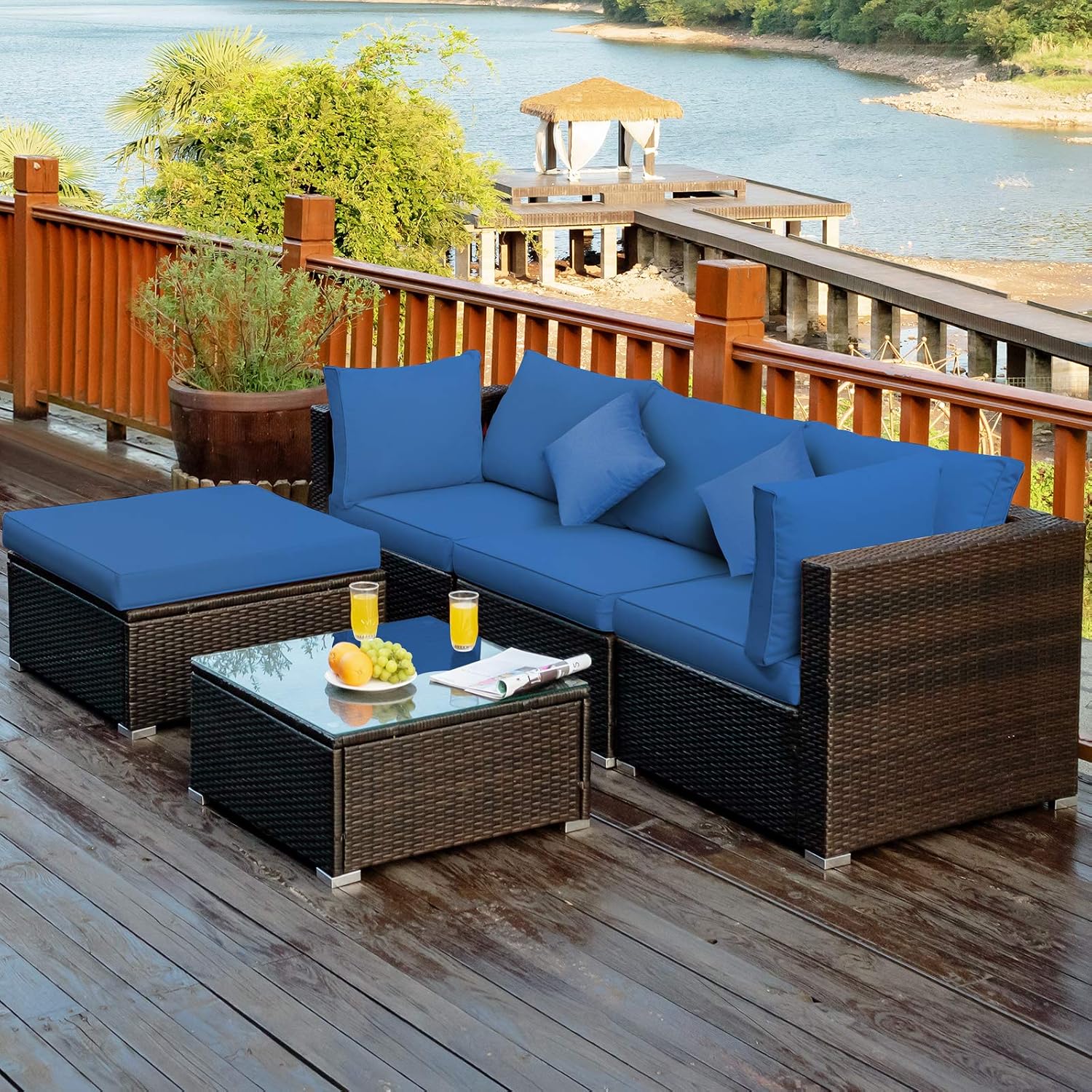 COSTWAY 5-Piece Outdoor Patio Furniture Set, Glass Top Coffee Table and Lounge Sofa with Cushions, PE Rattan Conversation Set for Garden, Deck, Backyard (Navy)