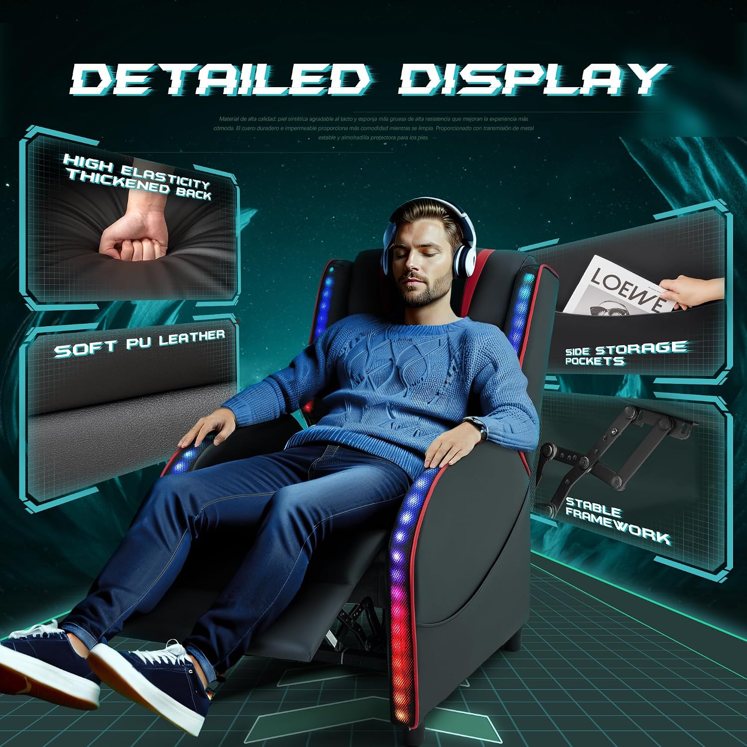 Homall LED Gaming Massage Recliner Chair Racing Style Single Living Room Sofa Comfortable Ergonomic Home Theater Seating(Red)